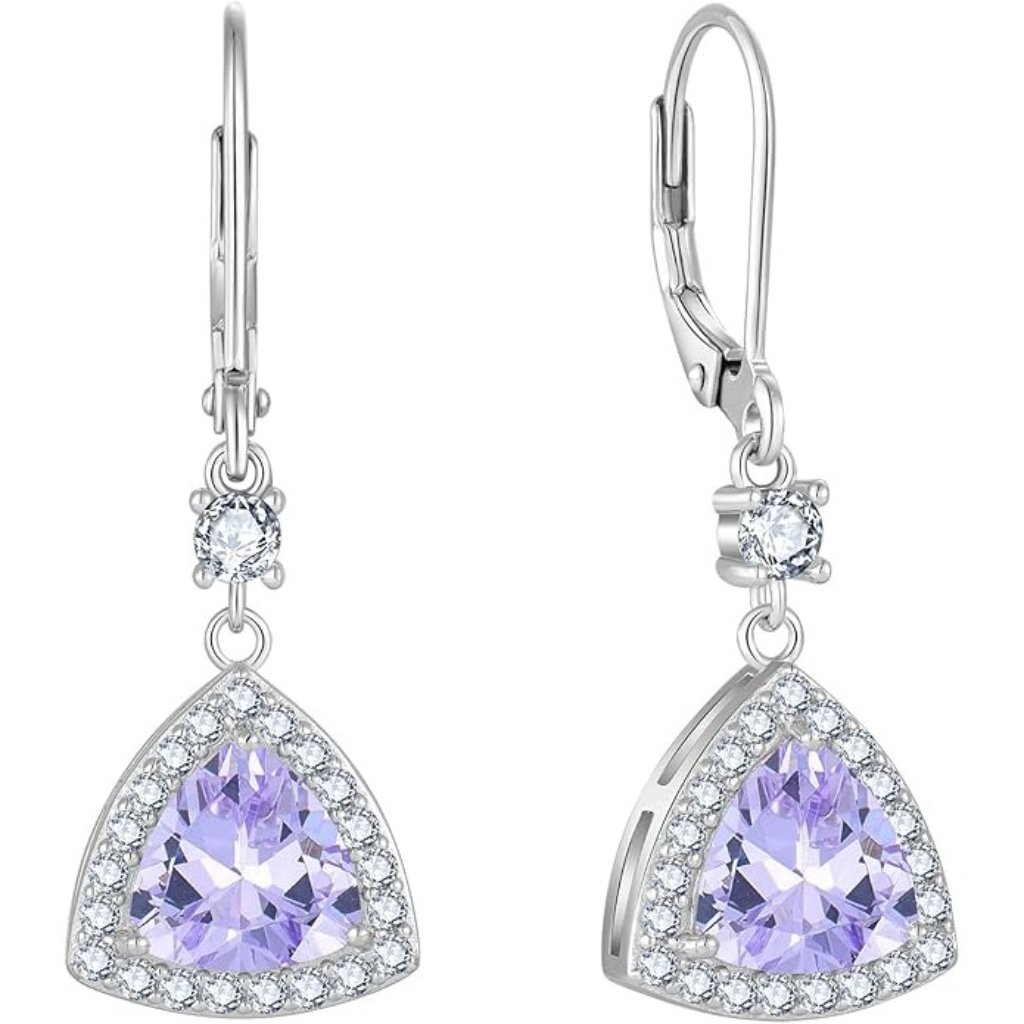 06 June - Alexandrite Silver Triangle Halo Leverback Earrings With Birthstone